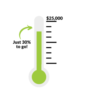 Image of a fundraising thermometer with $25,000 at the top and green liquid filling 2/3rds of it.