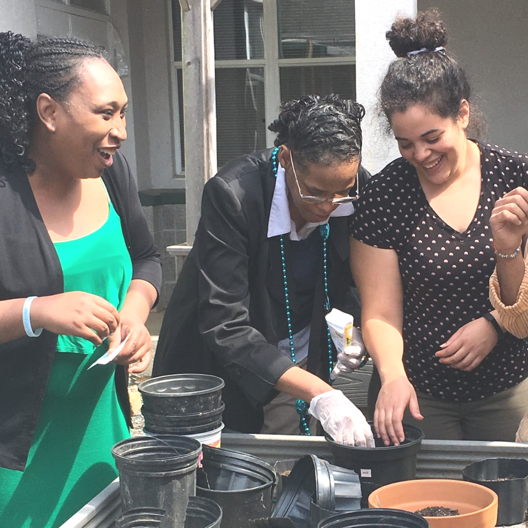 Elise potting plants during a QVS day when she was a Fellow